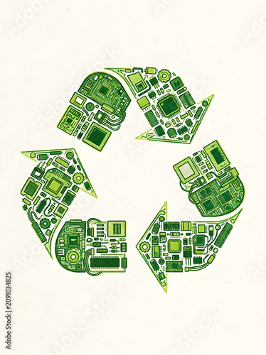 E-waste recycling sign composed of electronic computer microchip parts representing green technology recycling and electronic waste hardware hlaftone effect 
