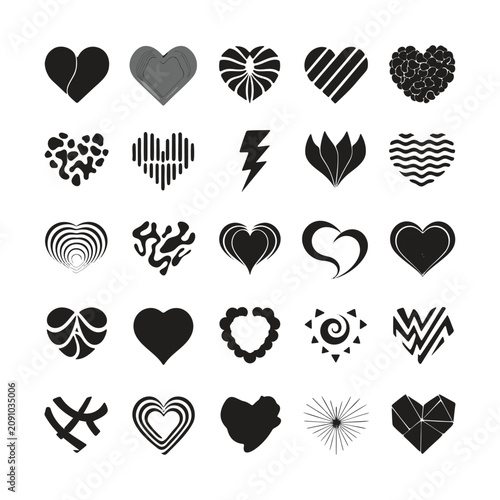Hearts with Various Patterns and Designs in Black and White Featuring Heart, Love, Pattern with Design and Symbol Elements