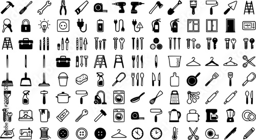 Construction and renovation tool icons with masonry equipment building supplies and hardware
