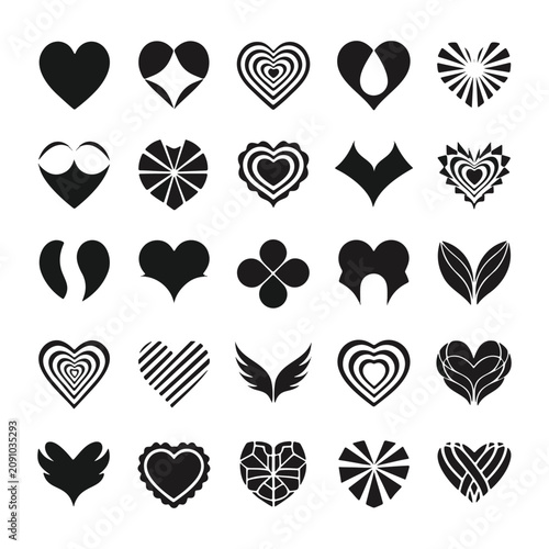 Hearts with Various Patterns and Designs in Black and White Featuring Heart, Pattern, Design with Love and Symbol Elements