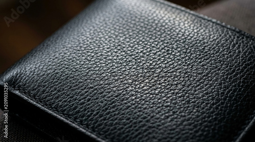 Close-up of a black leather wallet texture, showcasing its grained surface and quality material, representing personal finance, style, and everyday carry.