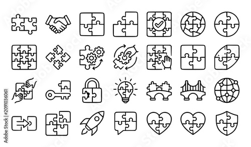 Foto Puzzle compatible outline icon set with jigsaw agreement teamwork collaboration