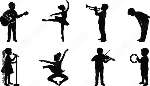 Cuadro en lienzo Children performing arts and music vector silhouette collection featuring dancin