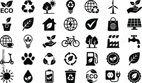 Photos Ecology and green energy solid icon set featuring recycling sustainability solar