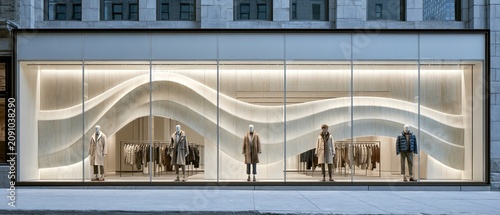 Modern storefront display with flowing wave-like panels and mannequins