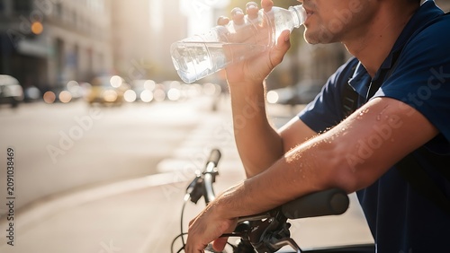 Male cyclist drinking water while resting on city street at sunset