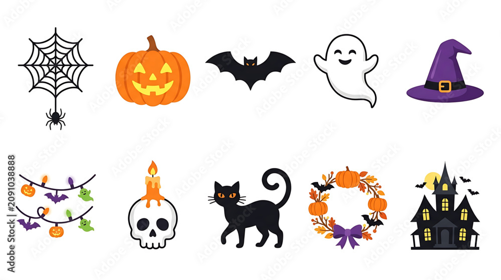 Obraz premium Set of festive halloween icons featuring pumpkins ghosts and spooky elements for seasonal graphic design projects with various spooky creatures arranged neatly white background