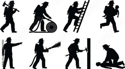 Firefighter silhouette vector collection featuring firemen with fire hose axe ladder and emergency rescue actions