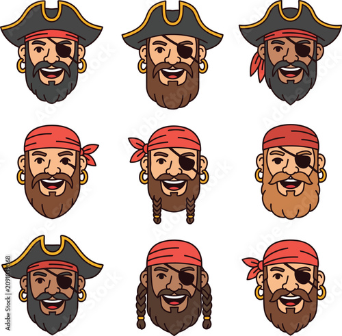 Smiling pirate captain cartoon head with eyepatch and hat isolated