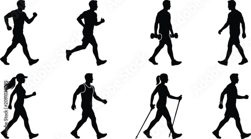 Foto Fitness and active lifestyle vector silhouette collection featuring walking runn