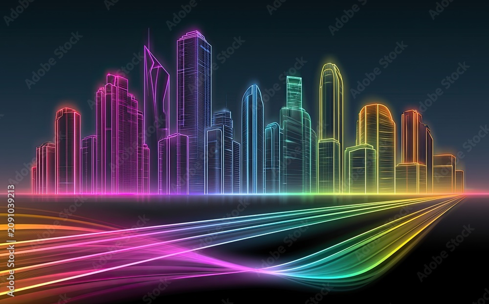 Fototapeta premium Neon-outlined cityscape with vibrant, flowing light trails on a dark background