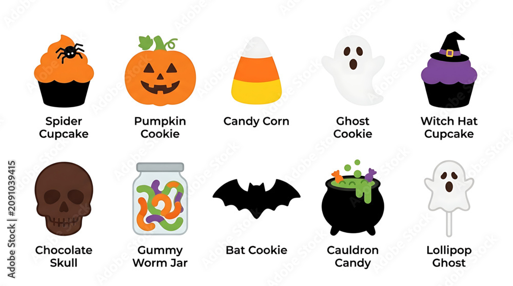 Fototapeta premium Set of cute halloween themed icons featuring sweets and spooky characters arranged in a grid format for festive holiday designs with icons with icons