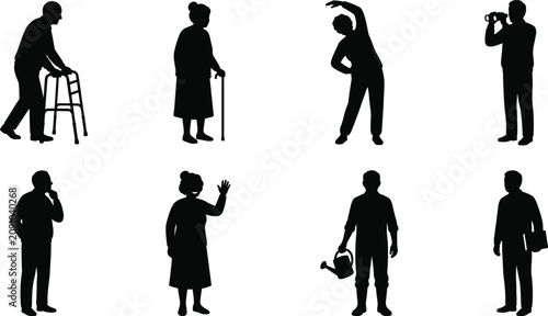 Senior citizens and elderly lifestyle vector silhouette collection featuring hobbies retirement activities and healthcare concepts