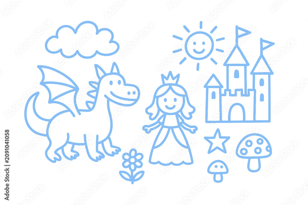Fototapeta premium Cute cartoon dragon and princess standing near a magical castle under a smiling sun in this simple line art drawing