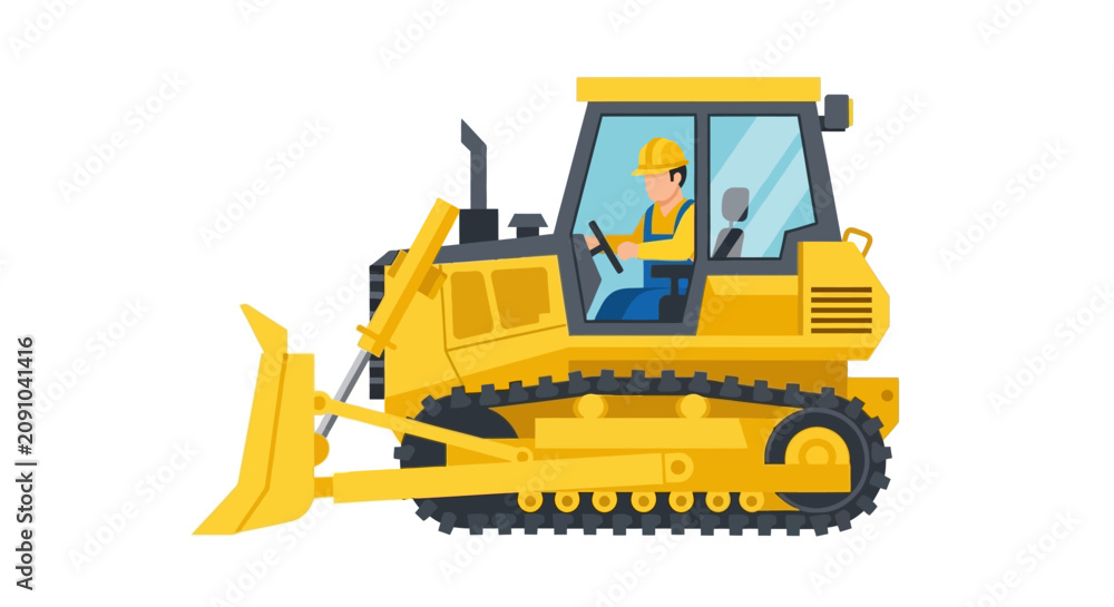 Obraz premium Heavy Duty Yellow Bulldozer Vector Illustration with Construction Worker Driver