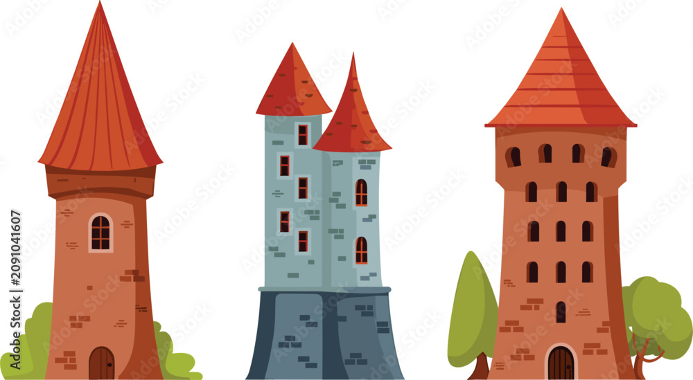 Obraz premium Medieval castle towers with red roofs and stone walls, fantasy fortress set flat vector graphic illustration