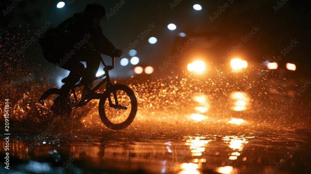 Obraz premium Silhouette of a BMX rider on a bike splashes through water at night