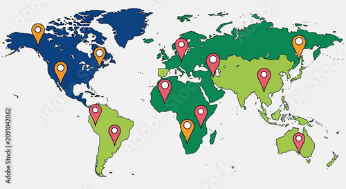 World Map with Location Pins Flat Vector Illustration