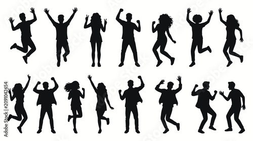 Youth Celebration Silhouette Set with Energetic Men and Women Dancing Jumping Cheering and Raising Hands at Music Party Isolated on White