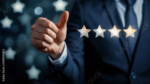 Professional businessman gives a thumbs up gesture with four glowing stars indicating high satisfaction.