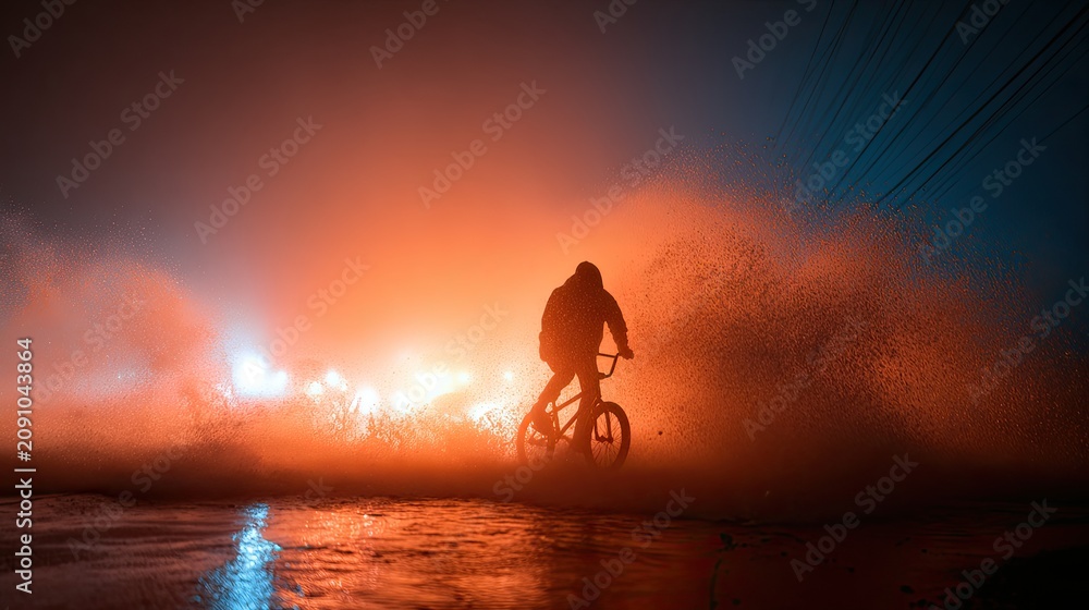 Obraz premium Silhouetted cyclist rides through fiery, misty, glowing waves at night