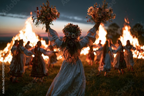 A group of people in traditional clothing dance around bonfires at dusk