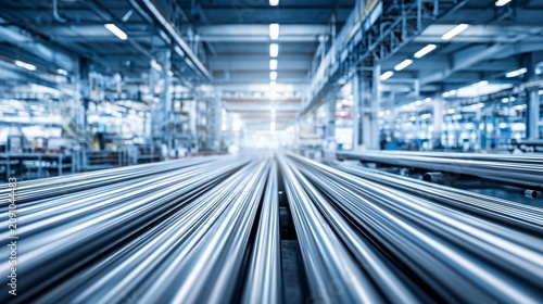 Polished stainless steel pipes of various diameters arranged in rows within a bright industrial factory setting, showcasing manufacturing processes.