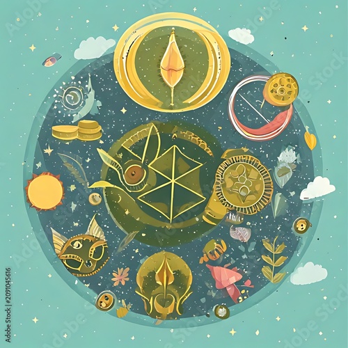 Whimsical celestial circle with symbols and creatures