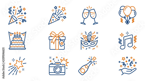 Photos Clean Minimalist Line Art Icons Set of Celebration Party Elements in Blue and Or