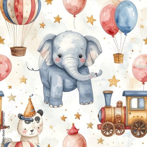 Whimsical circus animals and balloons backdrop