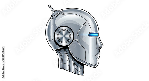 Shiny metallic robot head with blue eye light on white background with detailed illustration silver blue glowing