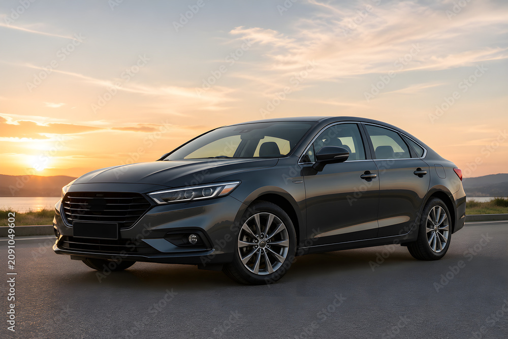 Fototapeta premium Modern Luxury Sedan Car at Sunset on Scenic Road