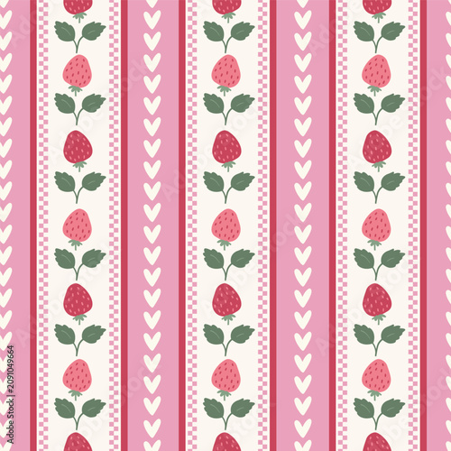 Seamless pattern with hand drawn vertical stripes of strawberries, pink checkers, and white hearts. Trendy stripes cottage shabby chic style for fabric, decor, textiles, fashion, stationery.