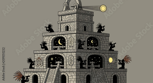 Canvas Print Stacked Castle Tower Combat Scene Vector Illustration