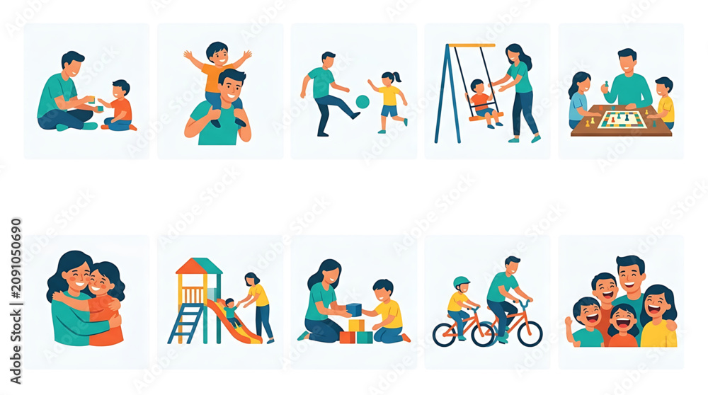 Fototapeta premium Set of flat vector illustrations featuring happy families engaging in various leisure activities and playful moments together in a bright minimalist style