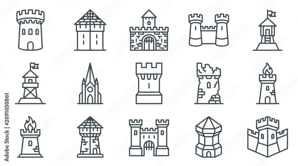 Fototapeta premium Minimalist Black and White Line Drawing Icons Set of Medieval Castles Towers and Ruins for Use with high quality professional line art symbols for modern creative design and digital branding projects