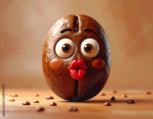 Whimsical coffee bean character with kissing lips and big eyes