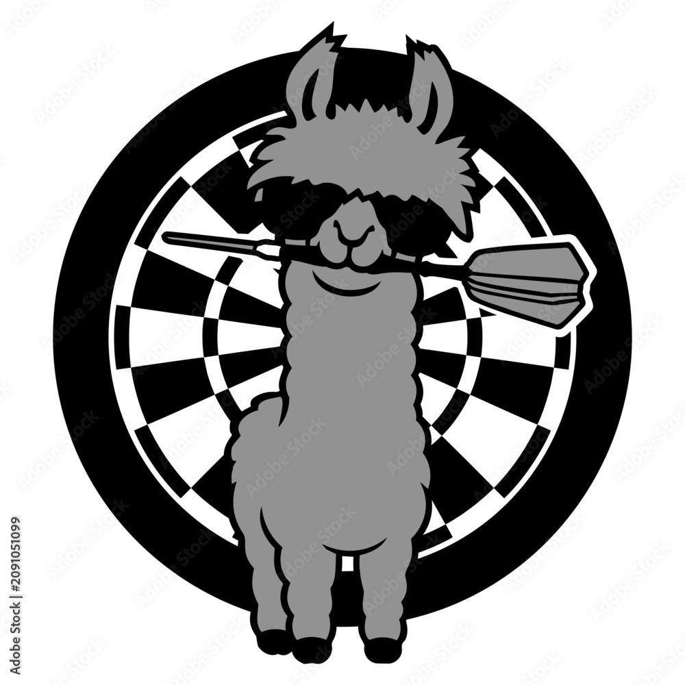 Fototapeta premium A cool llama with oversized sunglasses casually holding a dart in its mouth – effortlessly badass. Perfect for darts lovers, animal fans and anyone who appreciates swagger with a fluffy twist.