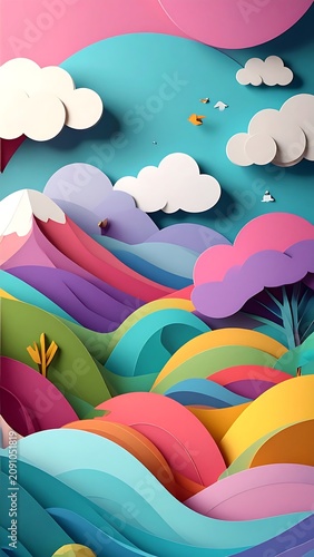 Whimsical, colorful paper-cut landscape with clouds