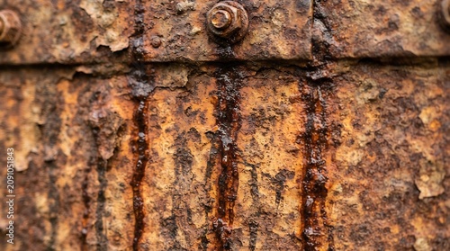 Corroded metal surface with dark streaks and fasteners in macro detail