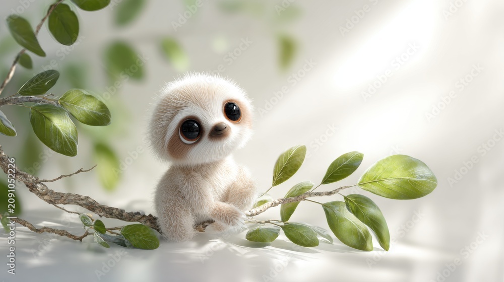 Fototapeta premium Adorable fluffy baby sloth big eyes sits on tree branch surrounded by leaves. Cute, fuzzy, cartoon-style baby sloth large, dark eyes is perched on branch, looking innocent curious amidst green foliage