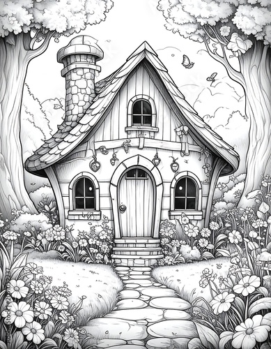 Whimsical cottage amidst blooming flowers and trees