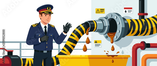 Maritime Officer Inspects Leaking Industrial Hose, Oil Spill Prevention