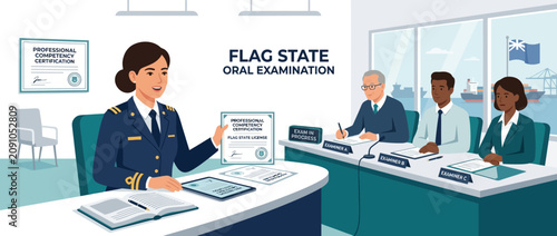 Maritime Oral Examination: Female Officer Presents Certificate to Examiners