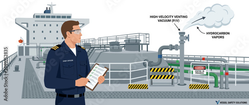 Maritime Safety Inspector Oversees Hydrocarbon Vapors Venting from Ship Tanker Deck