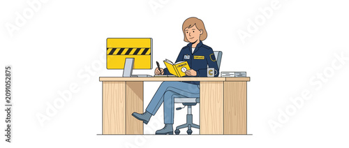 Woman in uniform working at desk with computer and notebook, desk work illustration