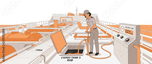 Maritime worker operating pump on cargo ship deck, transfering liquid from tank.