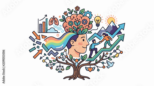 A colorful graphic illustration of a person's head with a tree growing out of it