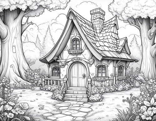 Whimsical cottage nestled in a blooming forest