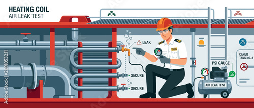 Technician Inspecting Heating Coil for Air Leaks with Pressure Gauge and Compressor